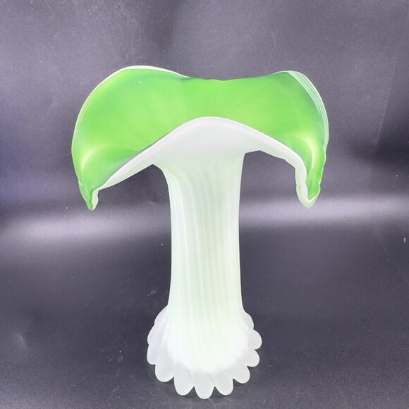 1970s Frosted Green Leaf Shaped Top Glass Vase Vessel Jack In The Pulpit Vintage - Picture 13 of 16